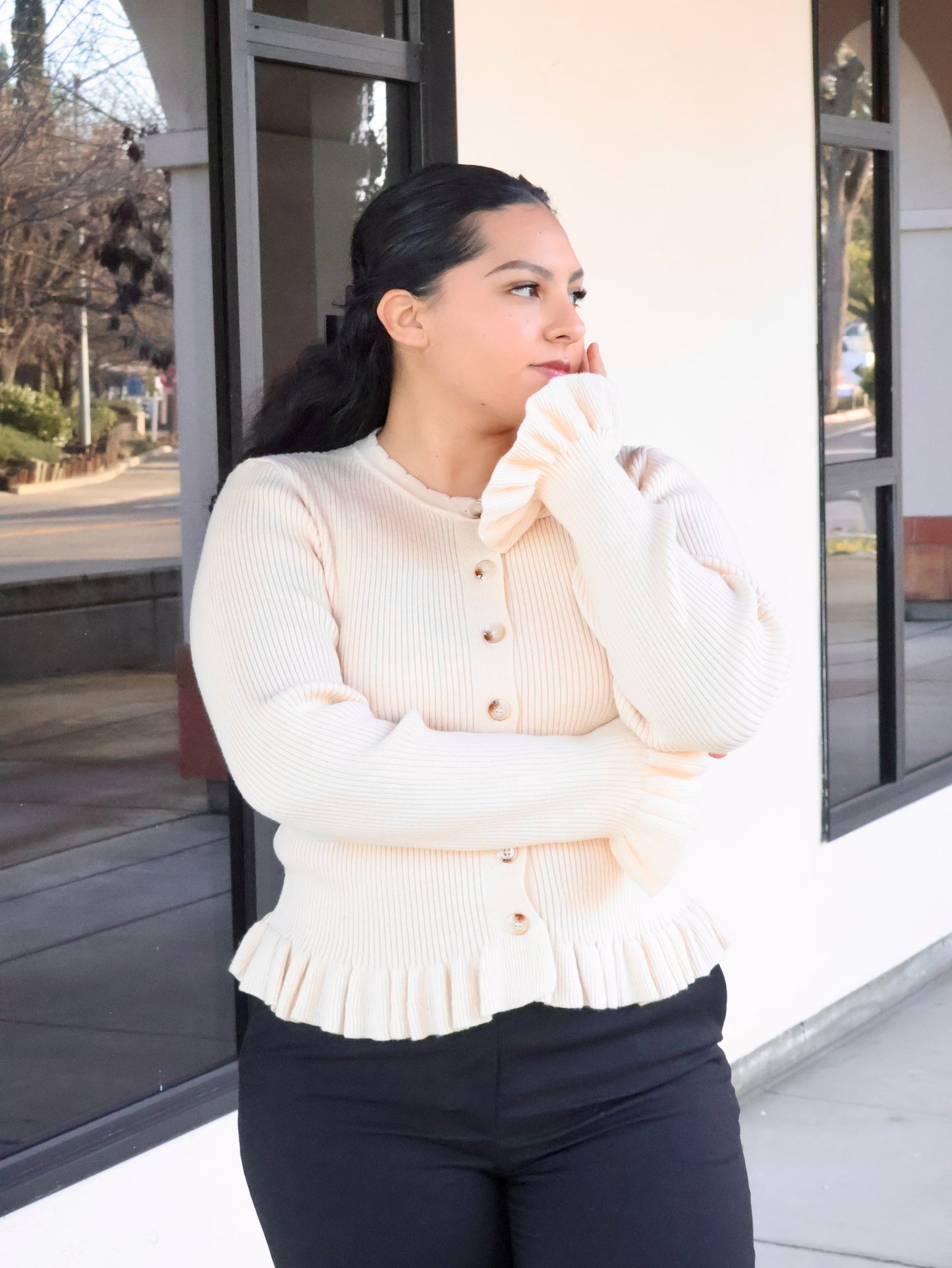 Selah Ruffle Hem Ribbed Knit Cardigan
