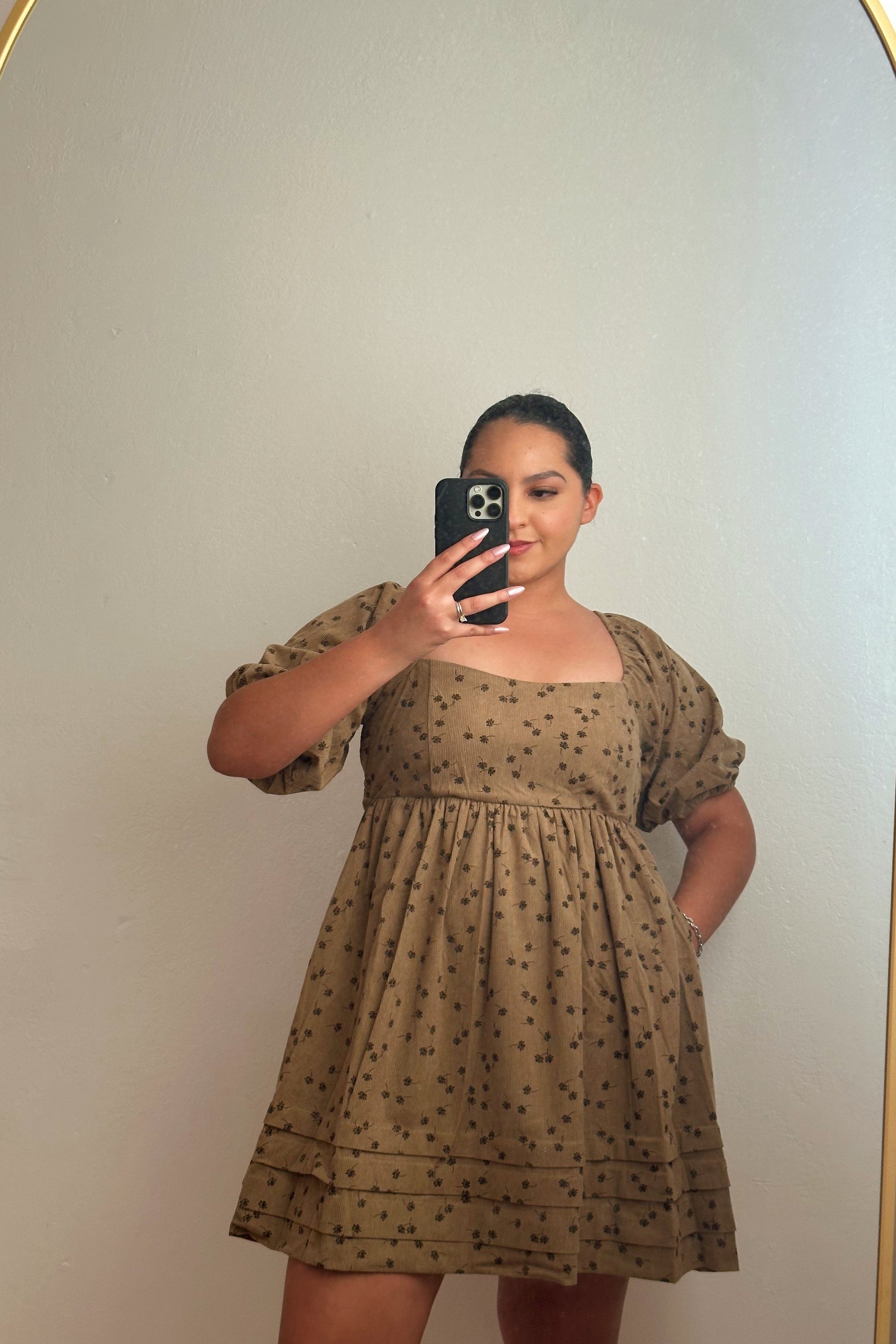 Abigail Floral Corduroy Babydoll Mini Dress square neck puff sleeves with pockets