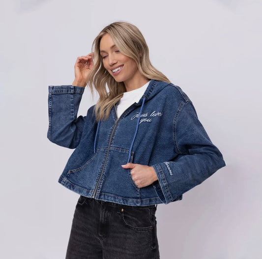 Vintage Washed Jesus Loves You Denim Hoodie