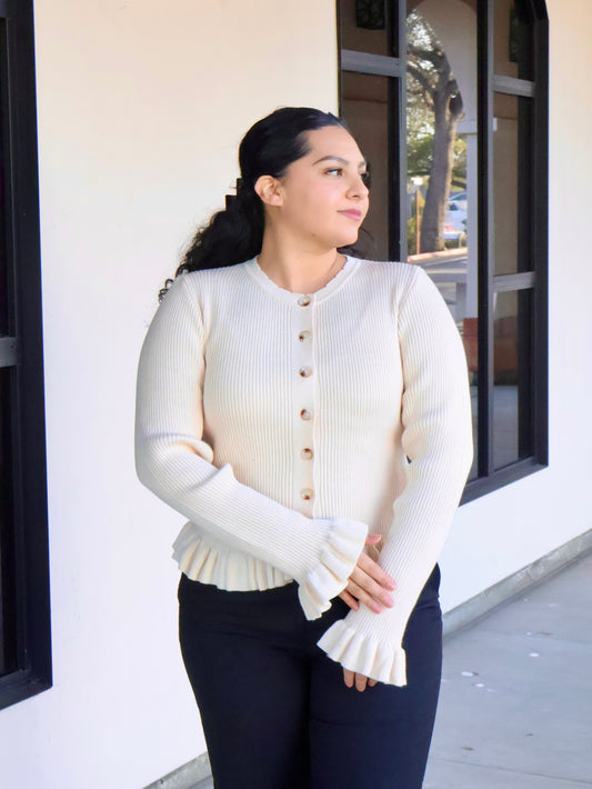 Selah Ruffle Hem Ribbed Knit Cardigan